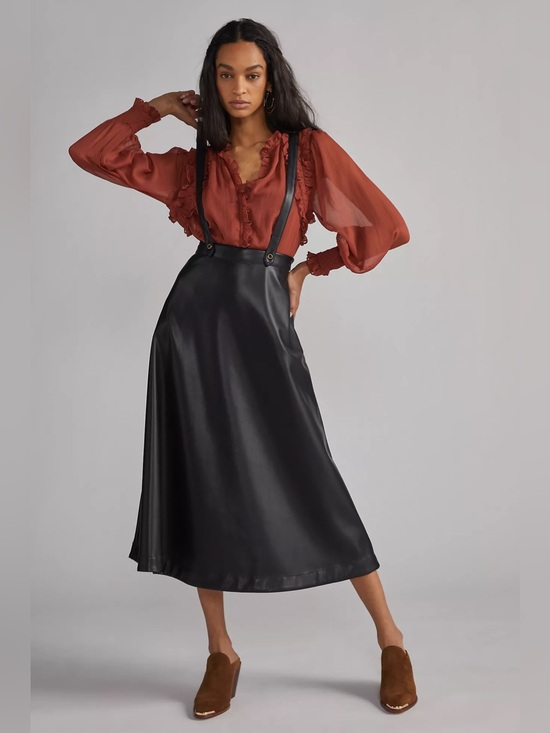 Anthropologie Dresses & Skirts - ✨ Anthropologie Faux Leather Pinafore Suspender Midi Skirt Black